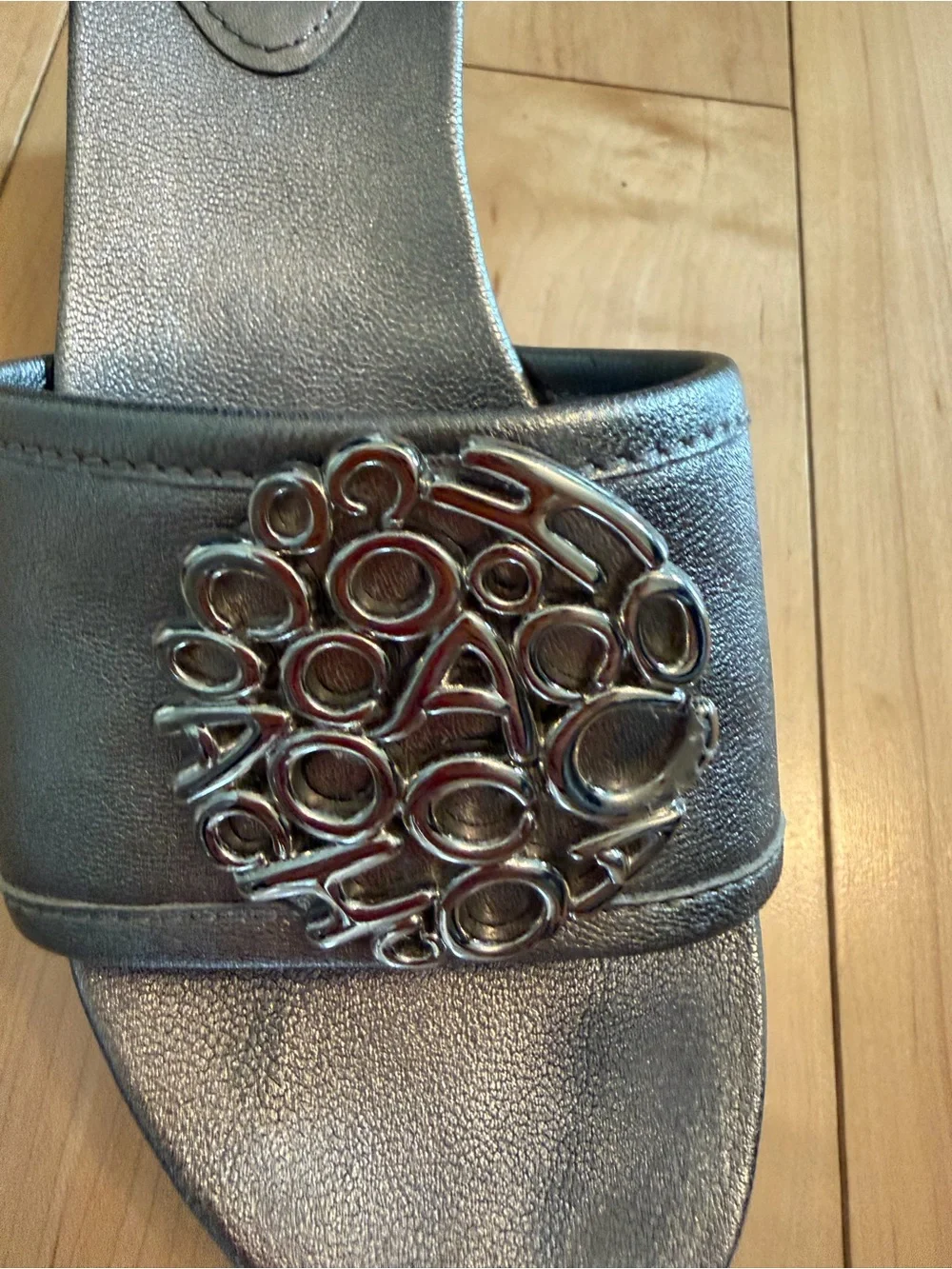 Vintage Coach Metallic Silver Slide Sandals with Signature Medallions